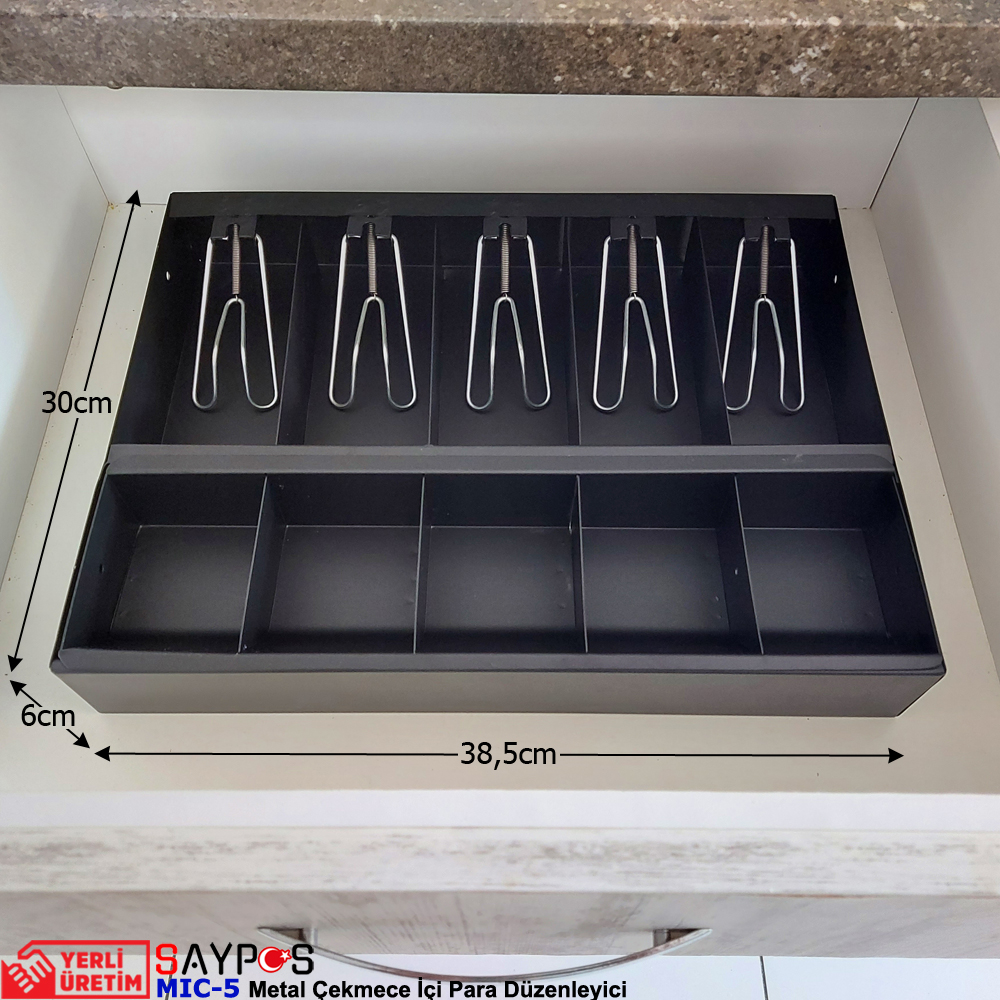 Saypos%20Metal%20Çekmece%20İçi%20Para%20Düzenleyici%205%20Banknot%205%20Madeni%20Para%20Bölmeli%2038,5x30x6cm