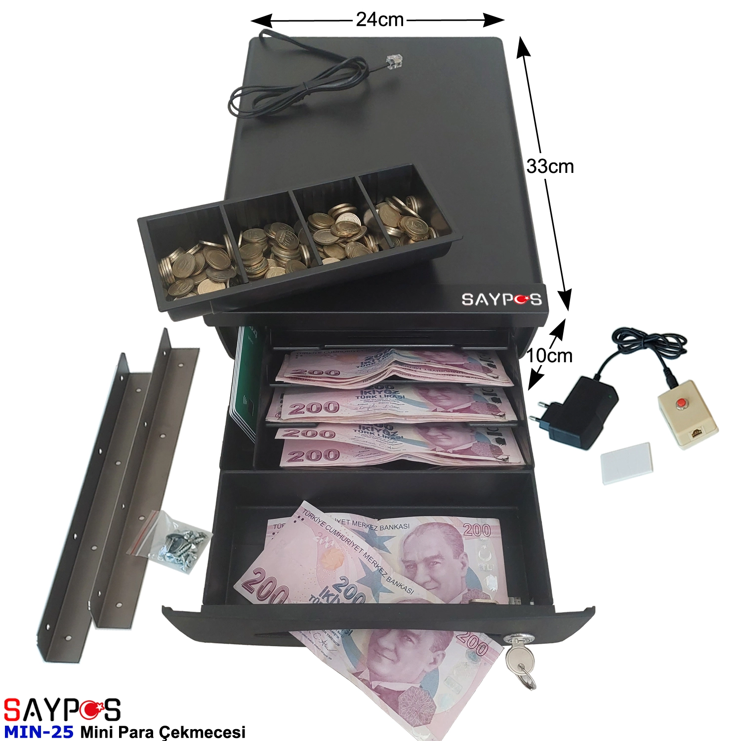 Kolay%20Açma%20Butonlu%20ve%20Masa%20Altı%20Montaj%20Askılı%20Mini%20Para%20Çekmecesi%2024x33x10cm