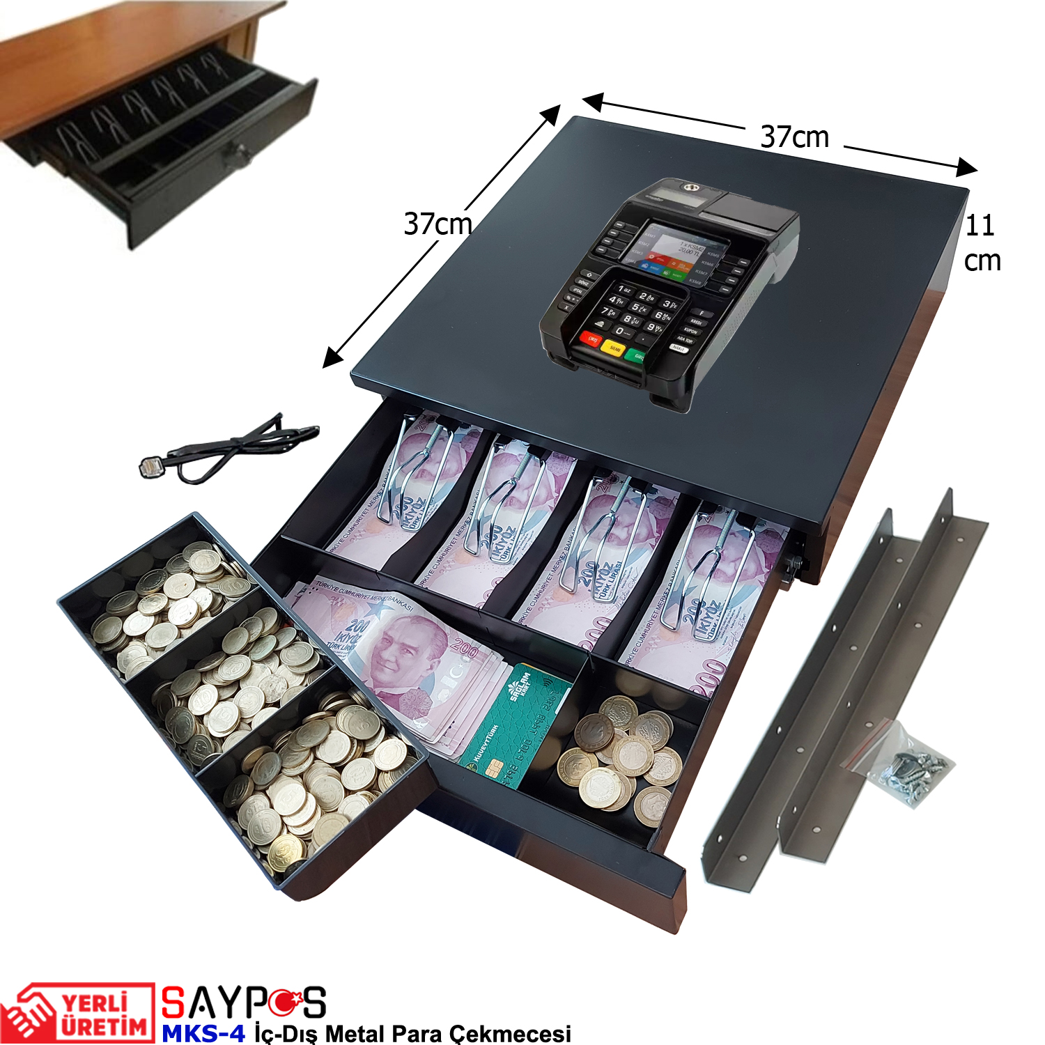 Montaj%20Askılı%20ve%20İngenico%20Yazarkasa%20Pos%20Bağlantılı%204%20Geniş%20Banknot%20Gözlü%20Metal%20Para%20Çekmecesi%2037x37x11cm