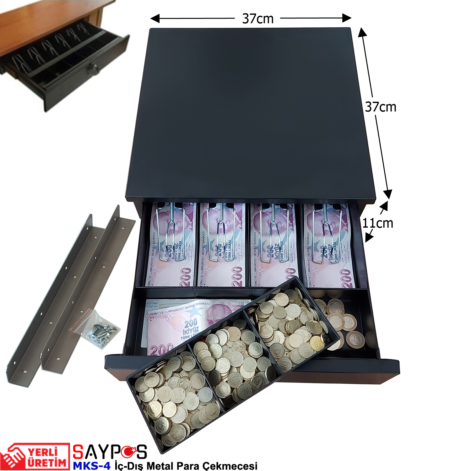 Montaj%20Askılı%20ve%20İngenico%20Yazarkasa%20Pos%20Bağlantılı%204%20Geniş%20Banknot%20Gözlü%20Metal%20Para%20Çekmecesi%2037x37x11cm