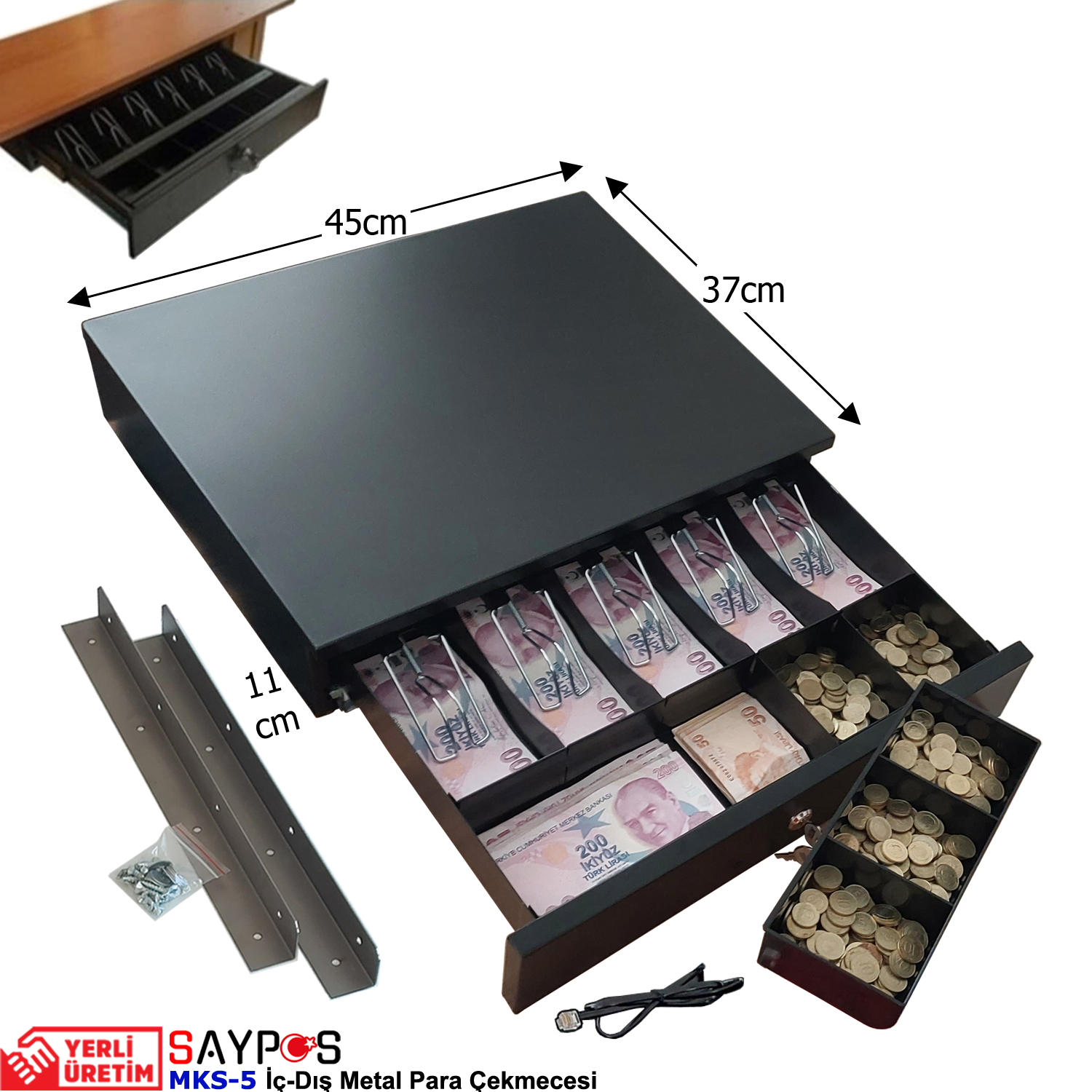 Montaj%20Askılı%20ve%20MX915%20Yazarkasa%20Pos%20Bağlantılı%205%20Geniş%20Banknot%20Gözlü%20Metal%20Para%20Çekmecesi%2045x37x11cm