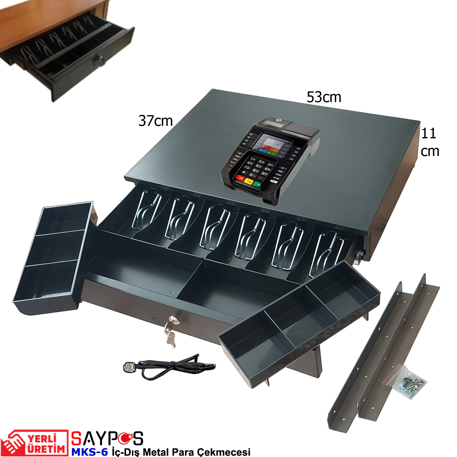 Montaj%20Askılı%20ve%20İngenico%20Yazarkasa%20Pos%20Bağlantılı%206%20Geniş%20Banknot%20Gözlü%20Metal%20Para%20Çekmecesi%2053x37x11cm
