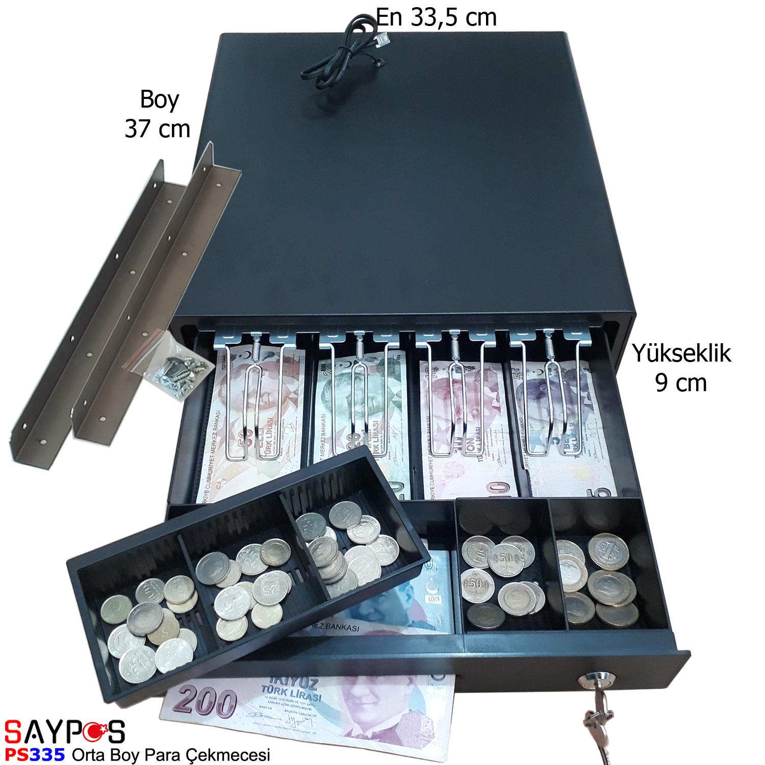 Saypos%20Askılı%20Yazarkasa%20Para%20Çekmecesi%20Montaj%20Askısı%20Hediye%204%20Banknot%20Bölmeli%2033,5x37x9cm