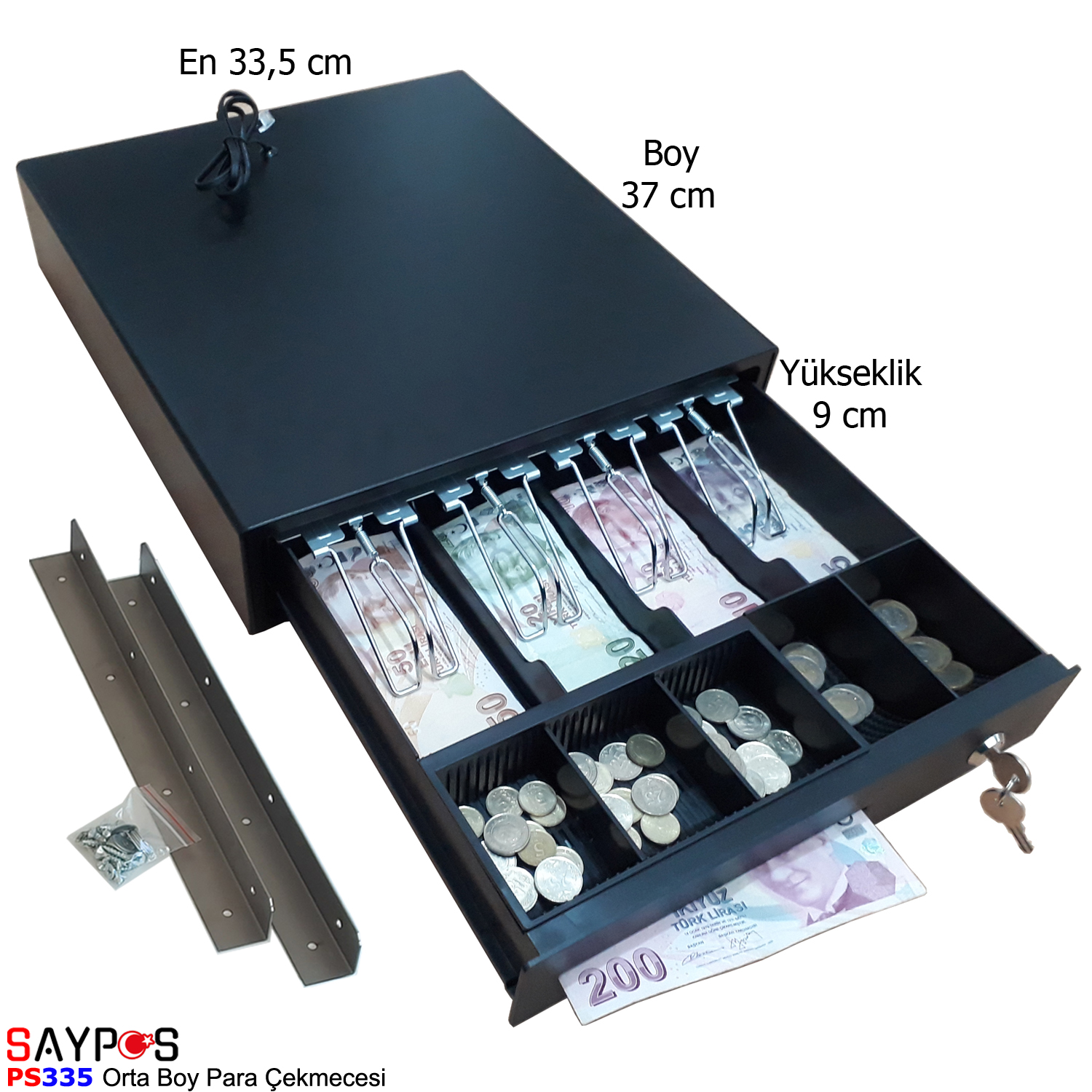 Saypos%20Askılı%20Yazarkasa%20Para%20Çekmecesi%20Montaj%20Askısı%20Hediye%204%20Banknot%20Bölmeli%2033,5x37x9cm