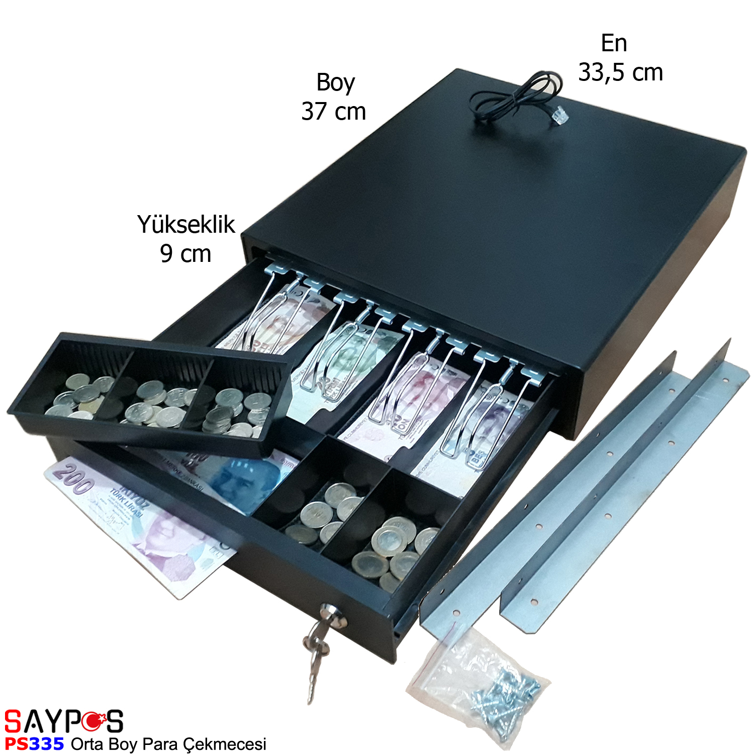 Saypos%20Askılı%20Yazarkasa%20Para%20Çekmecesi%20Montaj%20Askısı%20Hediye%204%20Banknot%20Bölmeli%2033,5x37x9cm