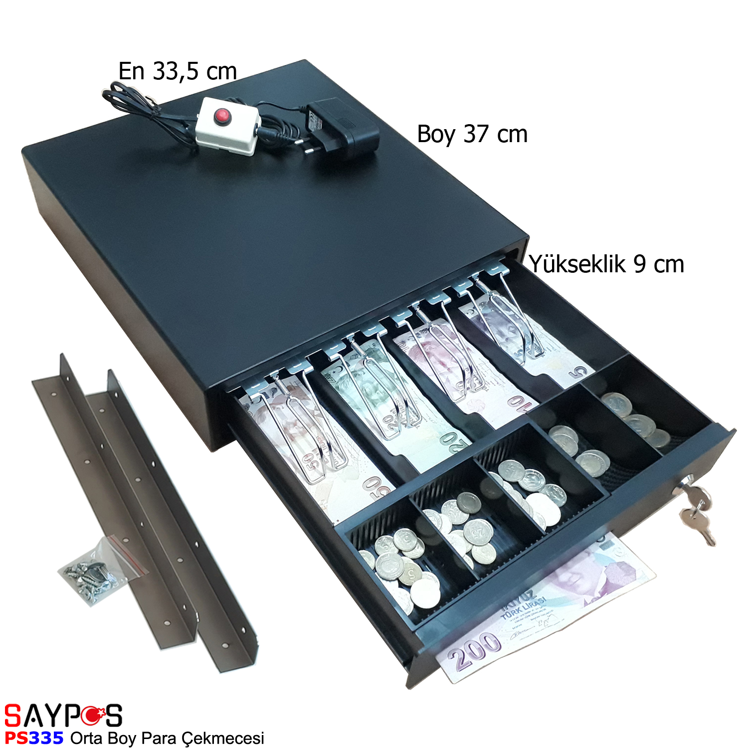 Saypos%20Düğmeli%20ve%20Askılı%20Orta%20Boy%20Yazarkasa%20Para%20Çekmecesi%20Buton%20ve%20Askı%20Aparatları%20Hediye%204%20Banknot%20Bölmeli%2033,5x37x9cm