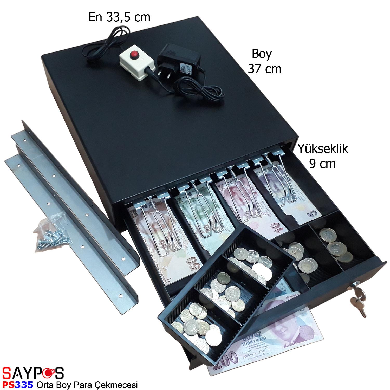 Saypos%20Düğmeli%20ve%20Askılı%20Orta%20Boy%20Yazarkasa%20Para%20Çekmecesi%20Buton%20ve%20Askı%20Aparatları%20Hediye%204%20Banknot%20Bölmeli%2033,5x37x9cm