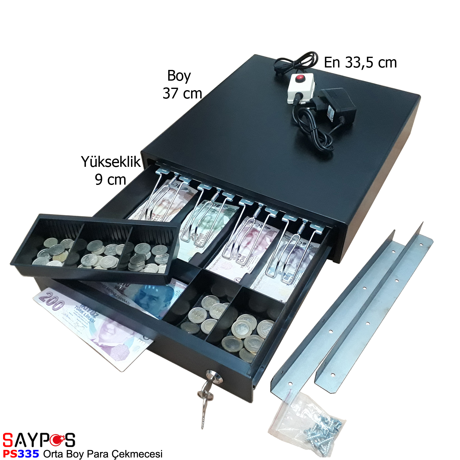 Saypos%20Düğmeli%20ve%20Askılı%20Orta%20Boy%20Yazarkasa%20Para%20Çekmecesi%20Buton%20ve%20Askı%20Aparatları%20Hediye%204%20Banknot%20Bölmeli%2033,5x37x9cm
