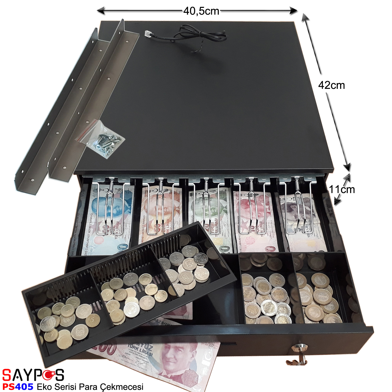 Saypos%20Montaj%20Askılı%20Metal%20Yazarkasa%20Para%20Çekmecesi%205%20Banknot%20Gözlü%2040,5x42x11cm