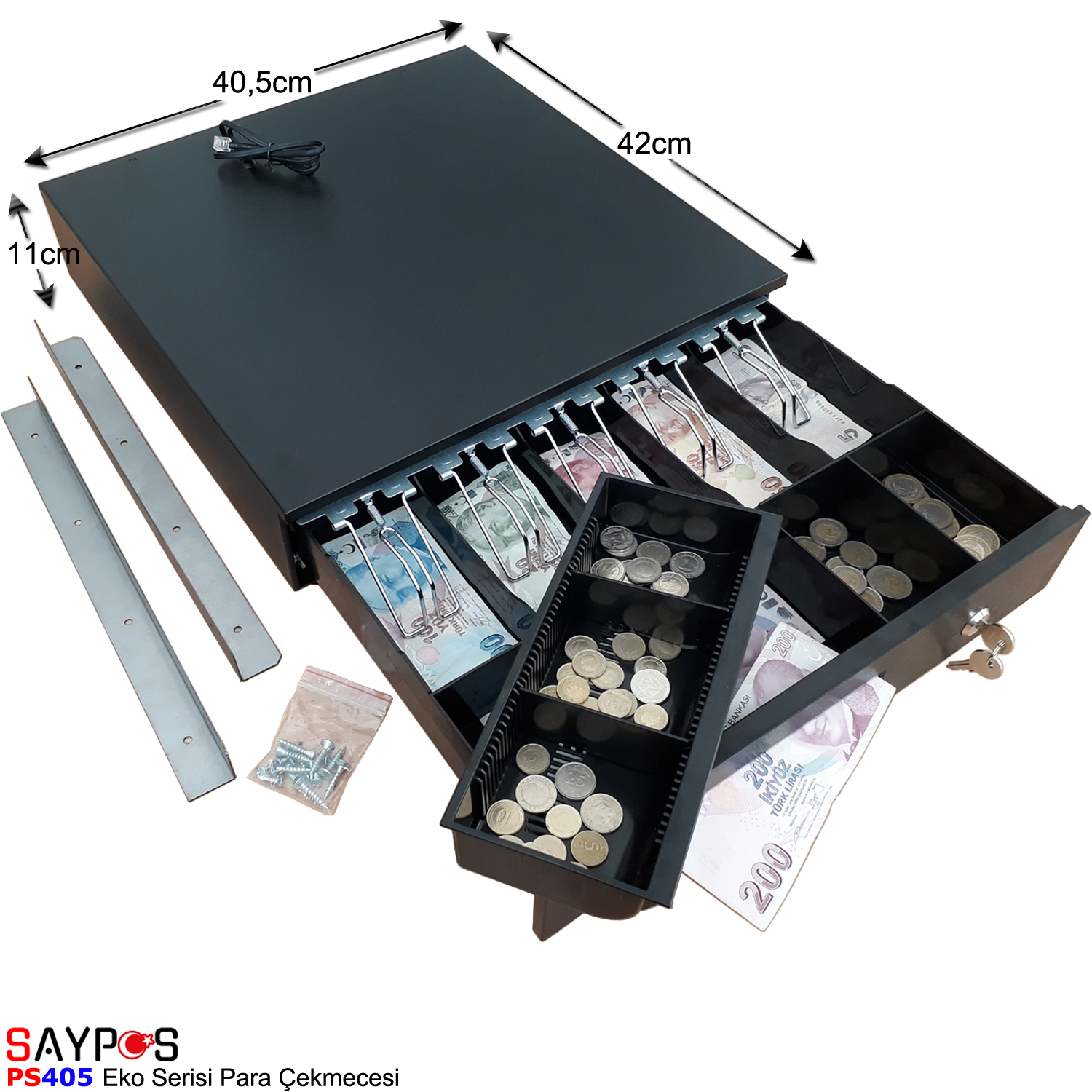 Saypos%20Montaj%20Askılı%20Metal%20Yazarkasa%20Para%20Çekmecesi%205%20Banknot%20Gözlü%2040,5x42x11cm