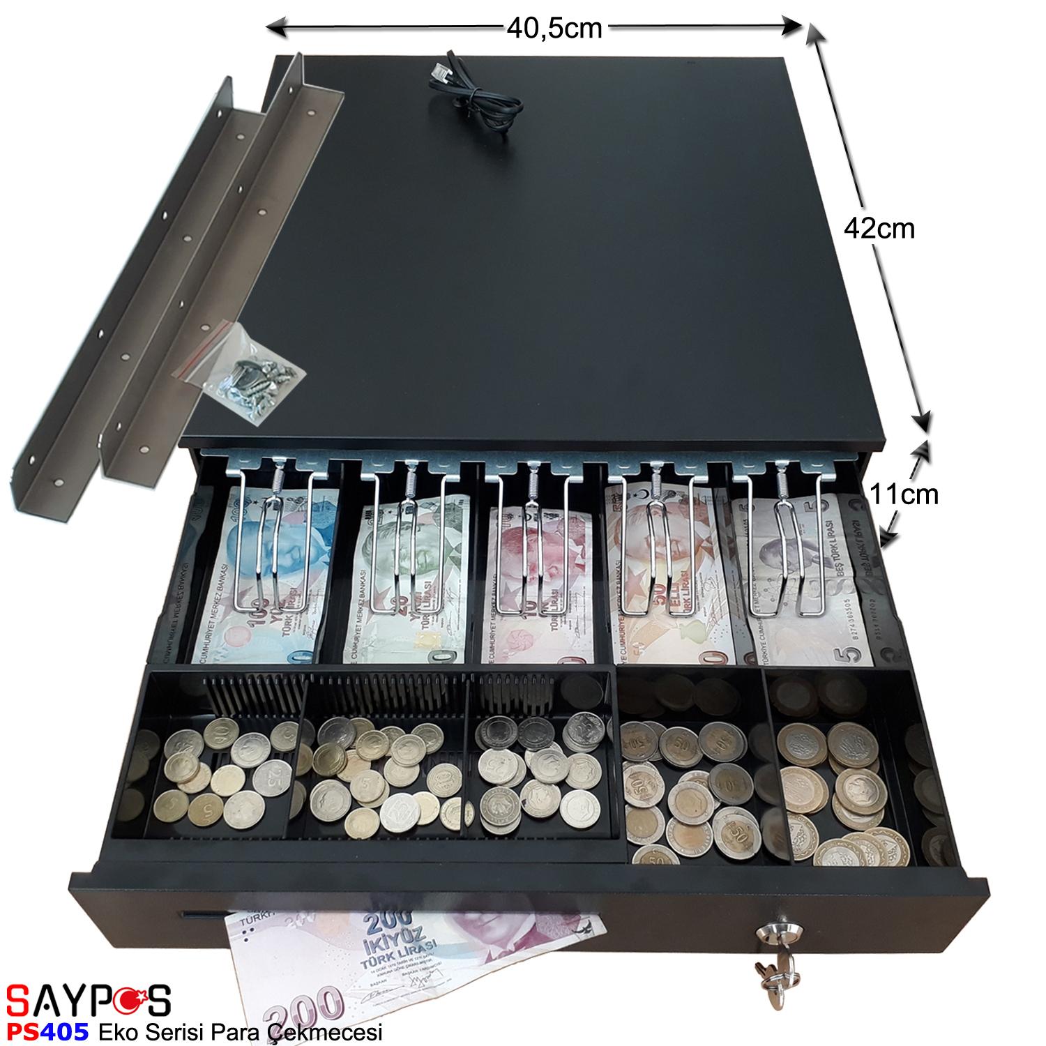 Saypos%20Montaj%20Askılı%20Metal%20Yazarkasa%20Para%20Çekmecesi%205%20Banknot%20Gözlü%2040,5x42x11cm