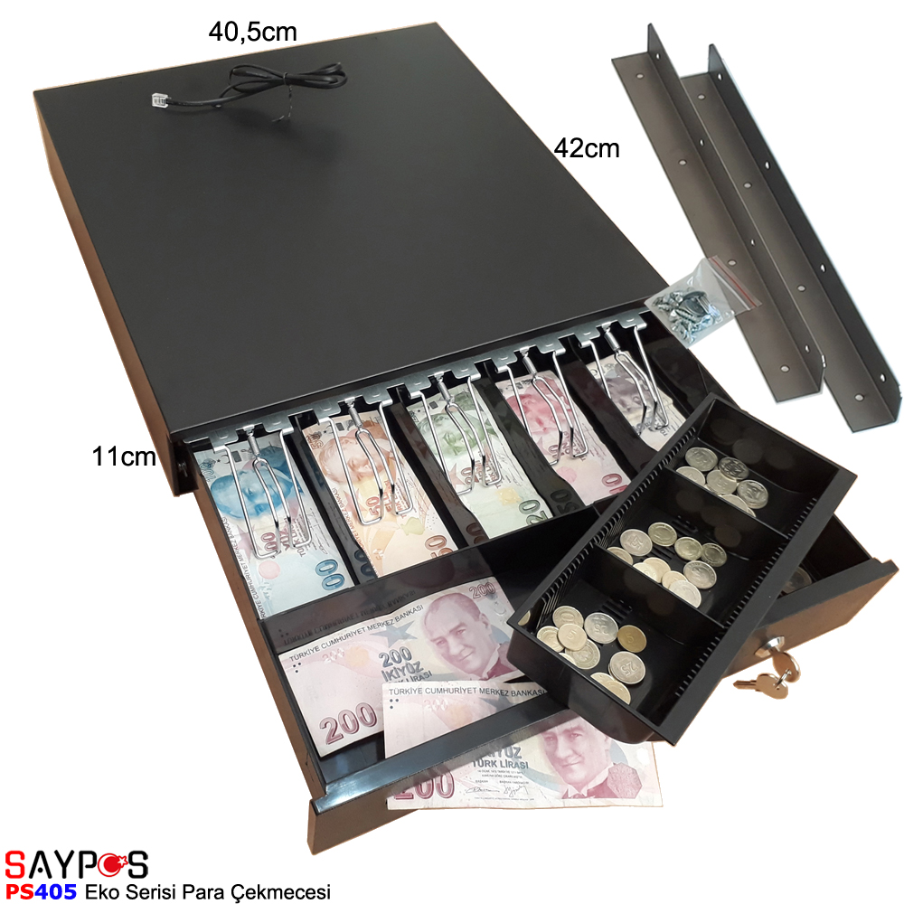 Saypos%20Montaj%20Askılı%20Metal%20Yazarkasa%20Para%20Çekmecesi%205%20Banknot%20Gözlü%2040,5x42x11cm