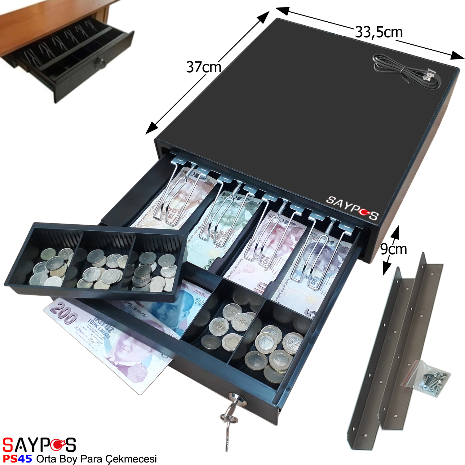 4%20Banknot%20Gözlü%20Masa%20Altı%20Montaj%20Askılı,%20Pos%20Bağlantılı,%20Anahtardan%20Açılır%20Para%20Çekmecesi%2033,5x37x9cm