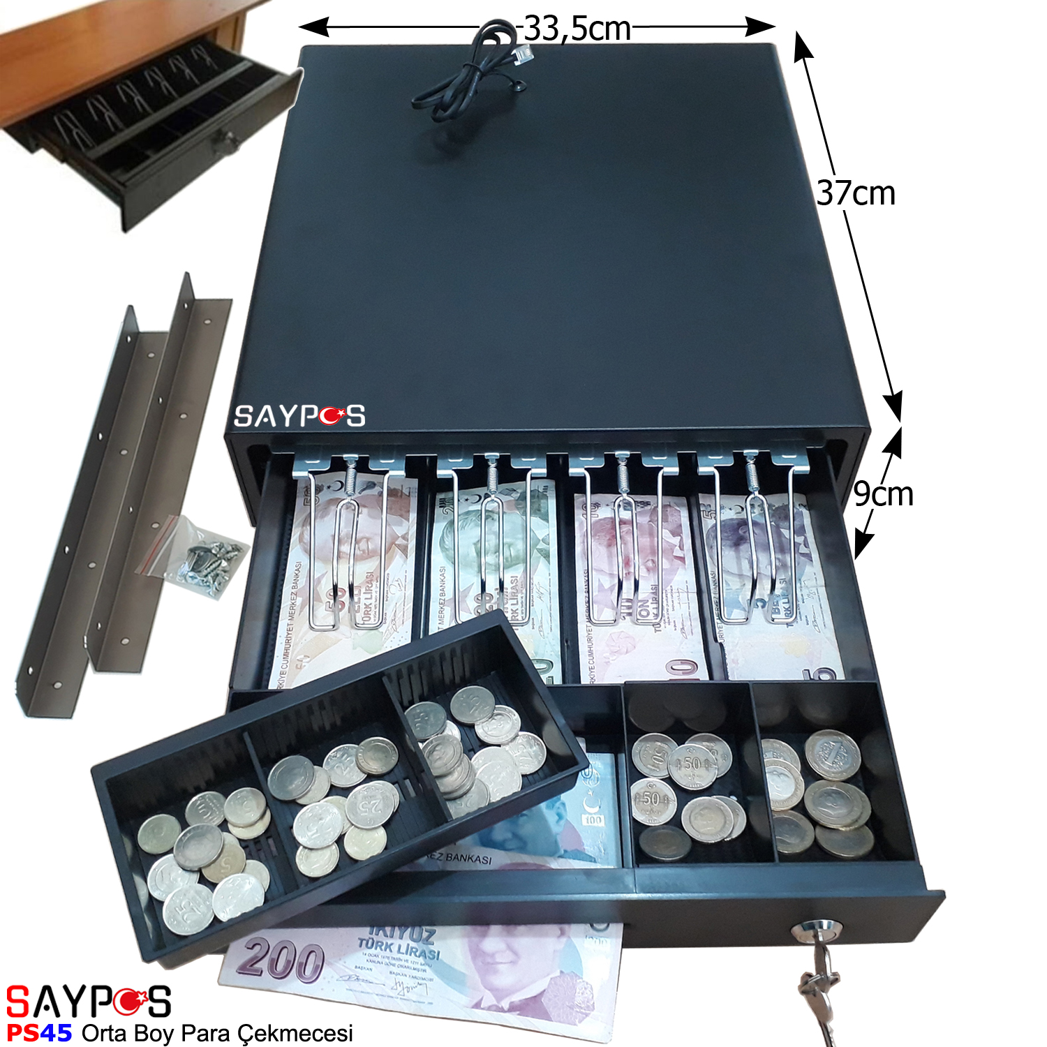 4%20Banknot%20Gözlü%20Masa%20Altı%20Montaj%20Askılı,%20Pos%20Bağlantılı,%20Anahtardan%20Açılır%20Para%20Çekmecesi%2033,5x37x9cm