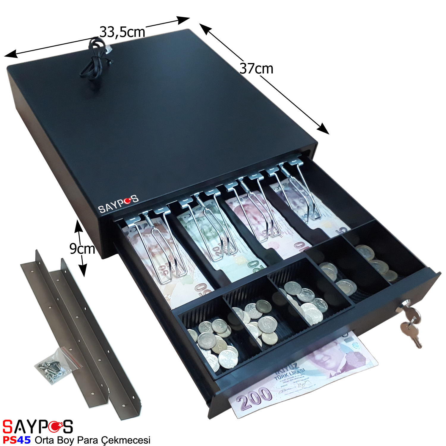 4%20Banknot%20Gözlü%20Masa%20Altı%20Montaj%20Askılı,%20Pos%20Bağlantılı,%20Anahtardan%20Açılır%20Para%20Çekmecesi%2033,5x37x9cm