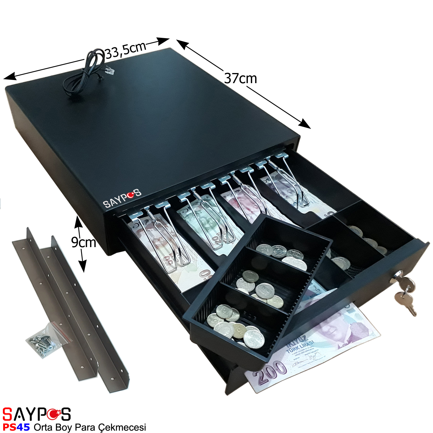 4%20Banknot%20Gözlü%20Masa%20Altı%20Montaj%20Askılı,%20Pos%20Bağlantılı,%20Anahtardan%20Açılır%20Para%20Çekmecesi%2033,5x37x9cm