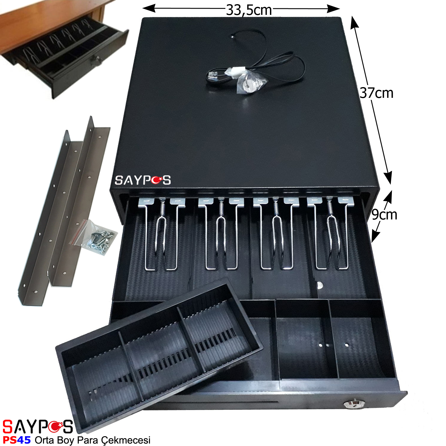 4%20Banknot%20Gözlü%20Masa%20Altı%20Montaj%20Askılı,%20Pos%20Bağlantılı,%20Anahtardan%20Açılır%20Para%20Çekmecesi%2033,5x37x9cm