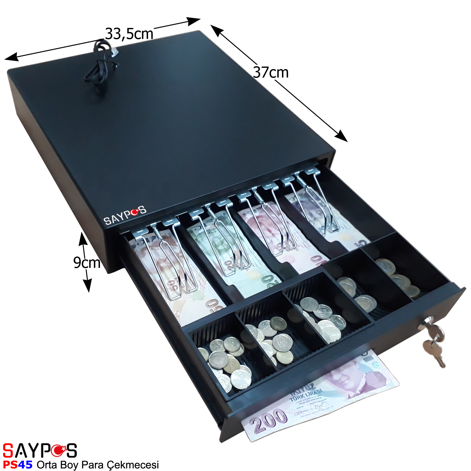 MX915%20Uyumlu%20Yazar%20Kasa%20Para%20Çekmecesi%204%20Banknot%205%20Madeni%20Para%20Bölmeli%2033,5x37x9cm