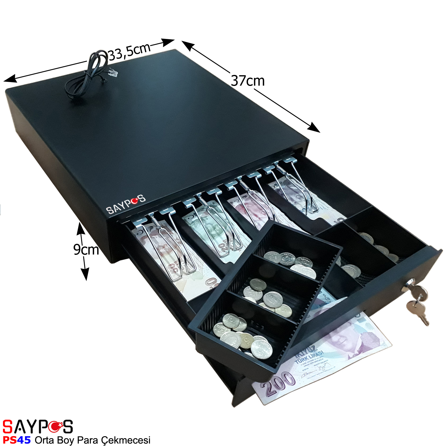 MX915%20Uyumlu%20Yazar%20Kasa%20Para%20Çekmecesi%204%20Banknot%205%20Madeni%20Para%20Bölmeli%2033,5x37x9cm