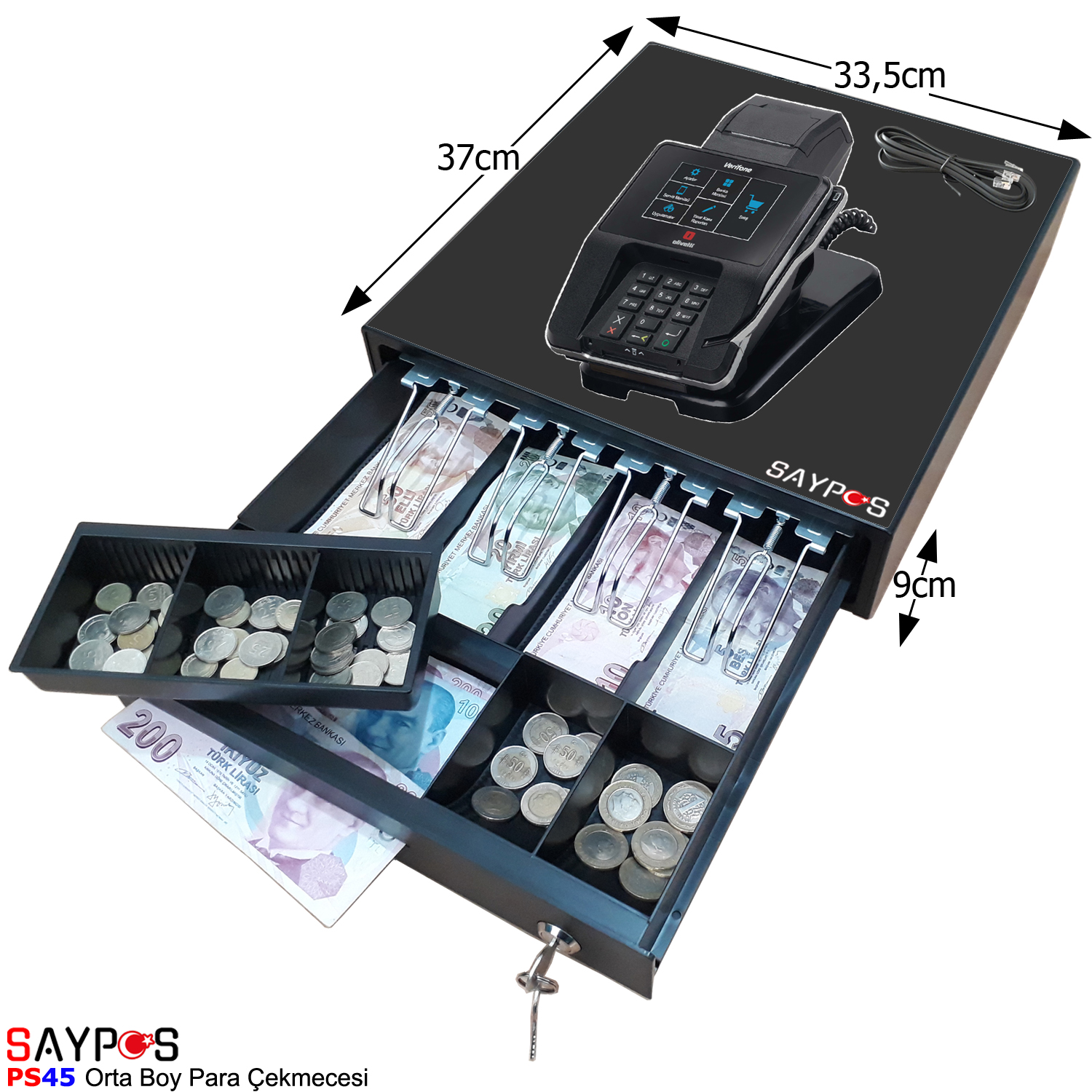 MX915%20Uyumlu%20Yazar%20Kasa%20Para%20Çekmecesi%204%20Banknot%205%20Madeni%20Para%20Bölmeli%2033,5x37x9cm