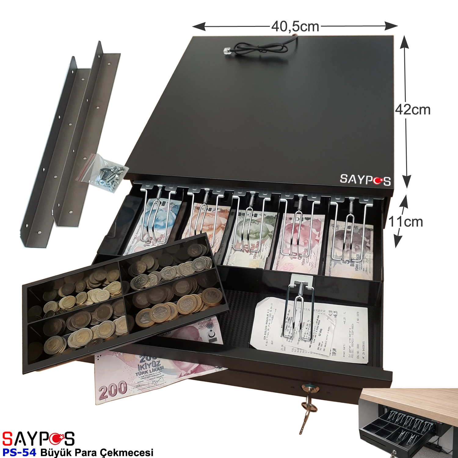 Montaj%20Askılı%20Slip%20Gözlü%205%20Kağıt%20Para%20Bölmeli%20Anahtarlı%20Pos%20Bağlantılı%20Para%20Çekmecesi%2040,5x42x11cm