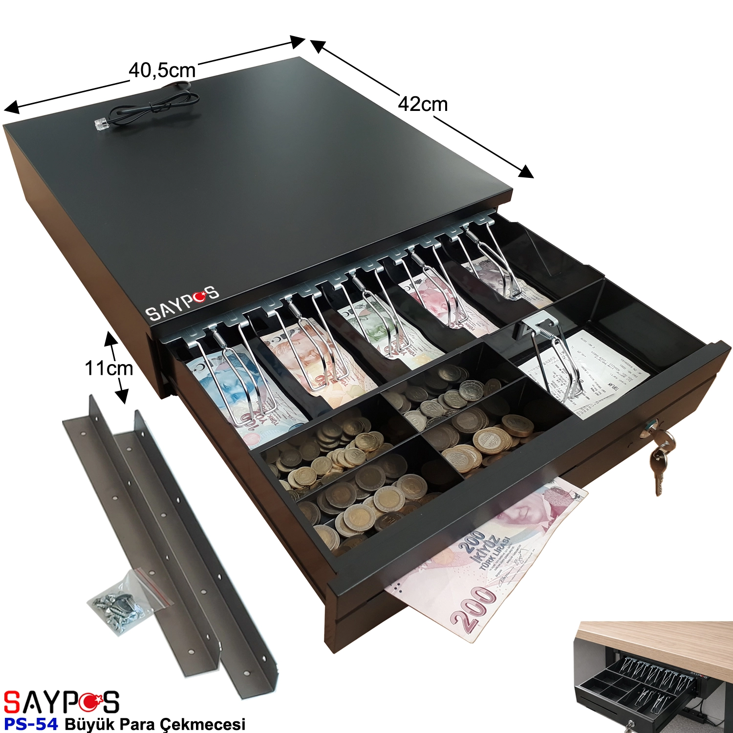 Montaj%20Askılı%20Slip%20Gözlü%205%20Kağıt%20Para%20Bölmeli%20Anahtarlı%20Pos%20Bağlantılı%20Para%20Çekmecesi%2040,5x42x11cm