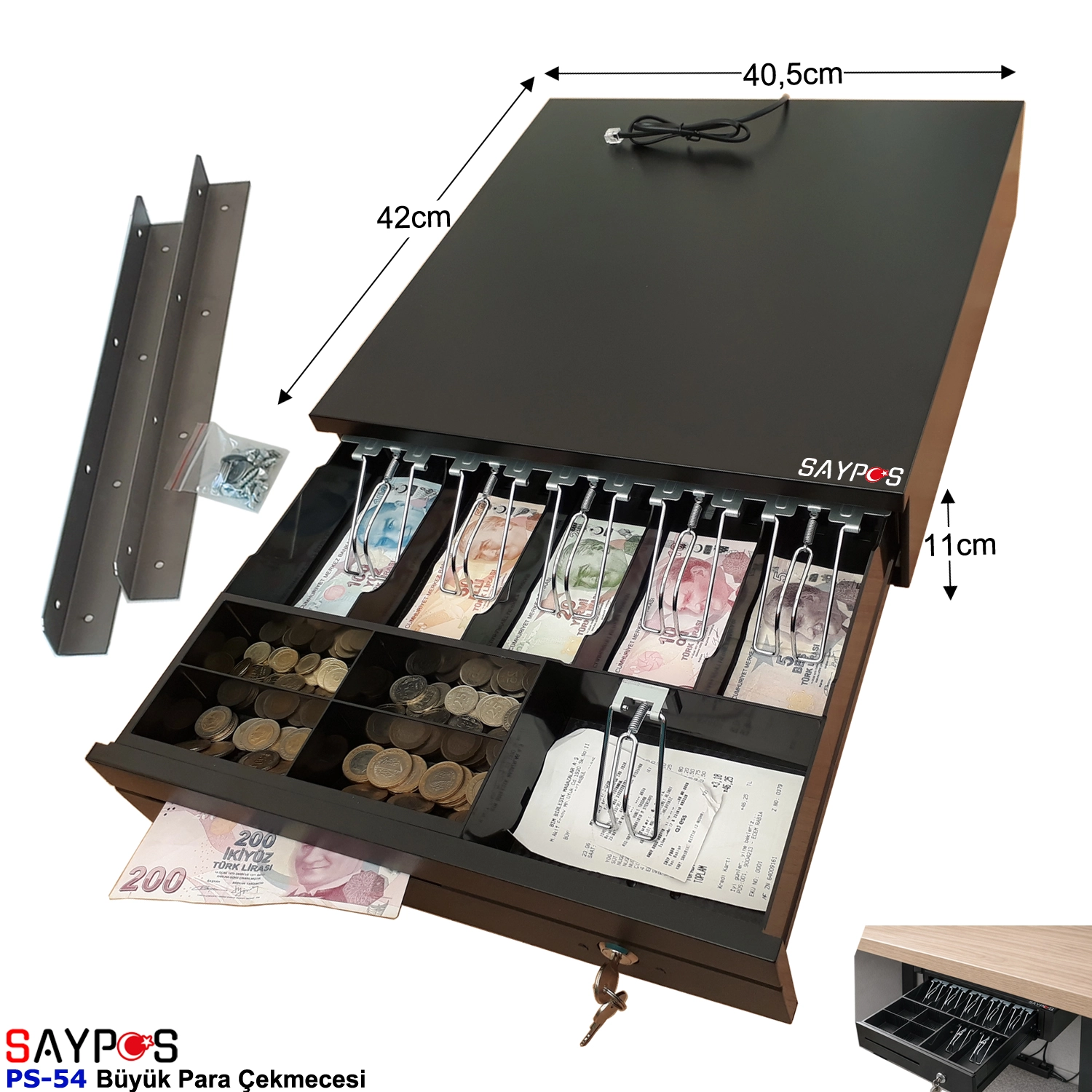 Montaj%20Askılı%20Slip%20Gözlü%205%20Kağıt%20Para%20Bölmeli%20Anahtarlı%20Pos%20Bağlantılı%20Para%20Çekmecesi%2040,5x42x11cm