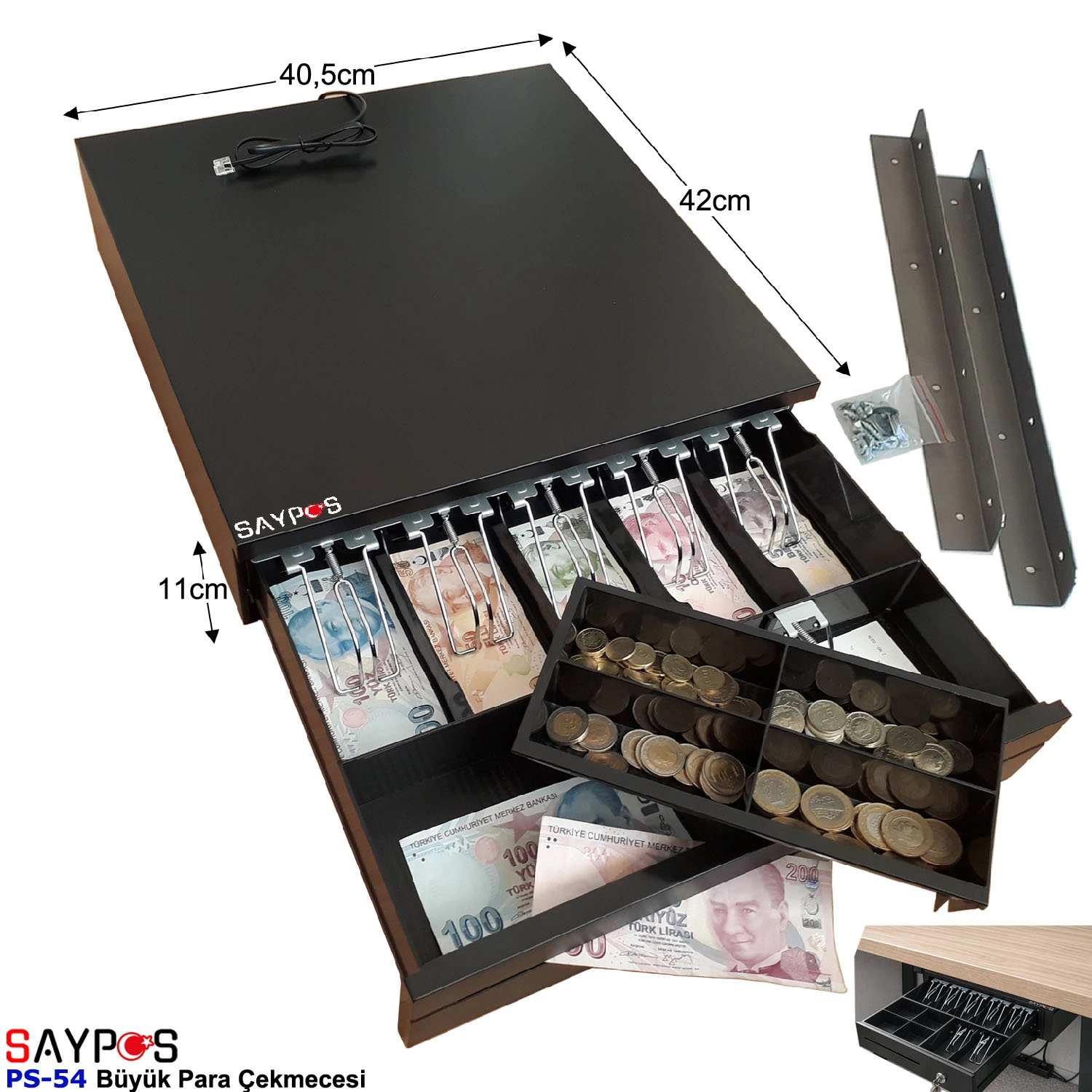 Montaj%20Askılı%20Slip%20Gözlü%205%20Kağıt%20Para%20Bölmeli%20Anahtarlı%20Pos%20Bağlantılı%20Para%20Çekmecesi%2040,5x42x11cm