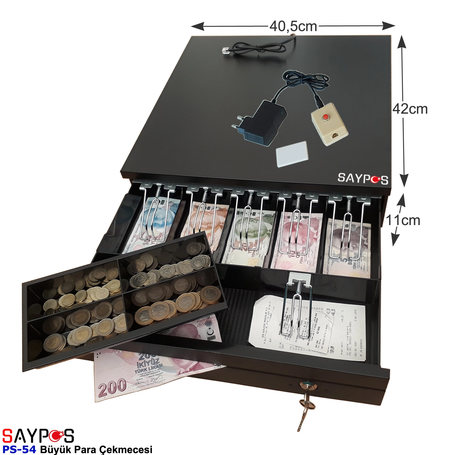 Açma%20Butonlu%20Slip%20Gözlü%205%20Kağıt%20Para%20Bölmeli%20Anahtarlı%20Pos%20Bağlantılı%20Para%20Çekmecesi%2040,5x42x11cm