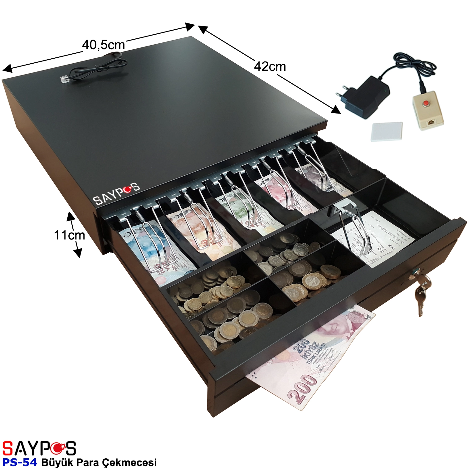 Açma%20Butonlu%20Slip%20Gözlü%205%20Kağıt%20Para%20Bölmeli%20Anahtarlı%20Pos%20Bağlantılı%20Para%20Çekmecesi%2040,5x42x11cm