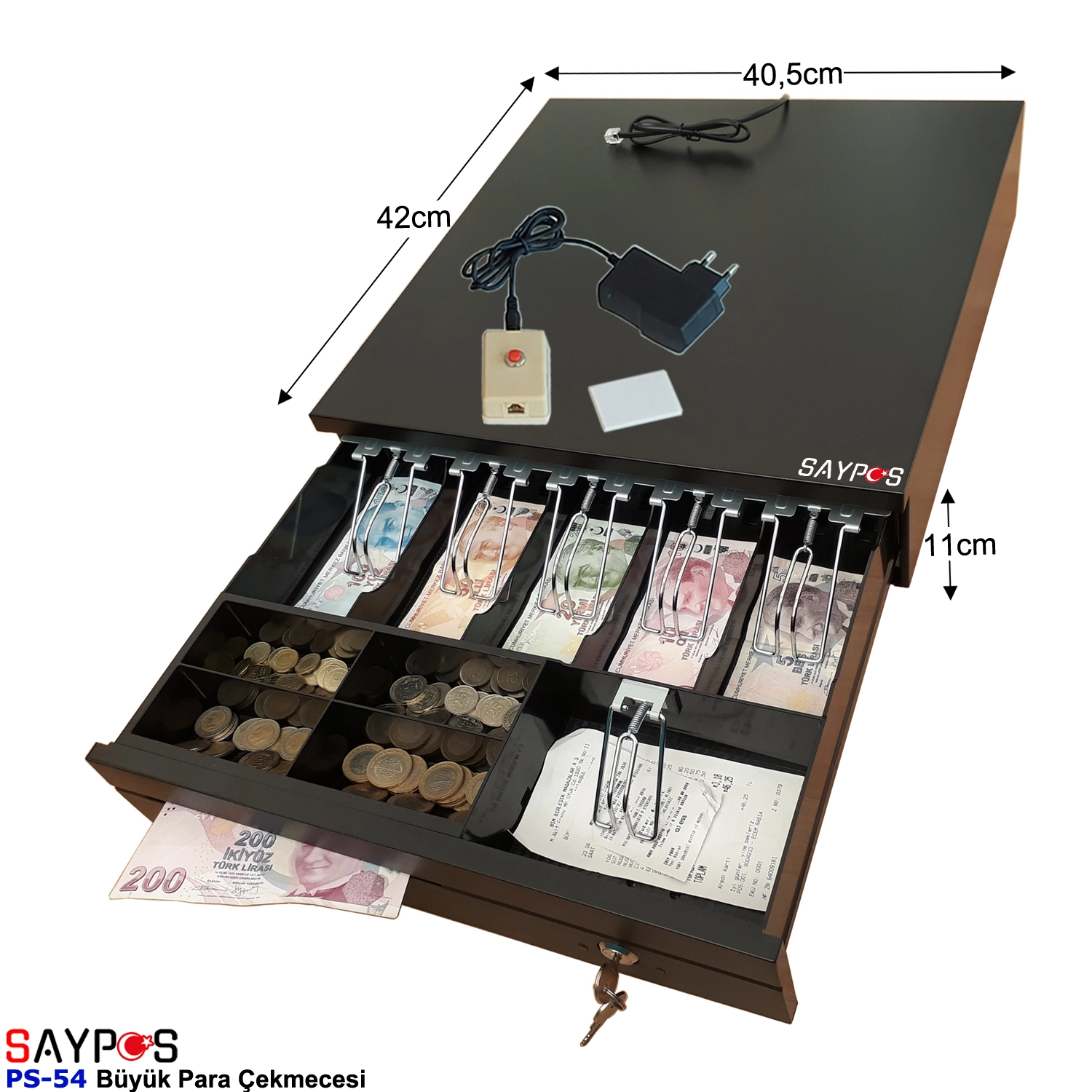 Açma%20Butonlu%20Slip%20Gözlü%205%20Kağıt%20Para%20Bölmeli%20Anahtarlı%20Pos%20Bağlantılı%20Para%20Çekmecesi%2040,5x42x11cm