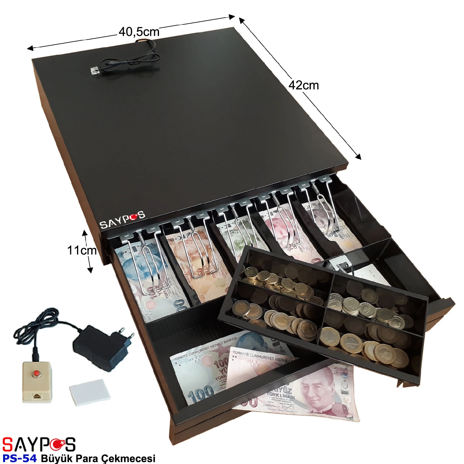 Açma%20Butonlu%20Slip%20Gözlü%205%20Kağıt%20Para%20Bölmeli%20Anahtarlı%20Pos%20Bağlantılı%20Para%20Çekmecesi%2040,5x42x11cm