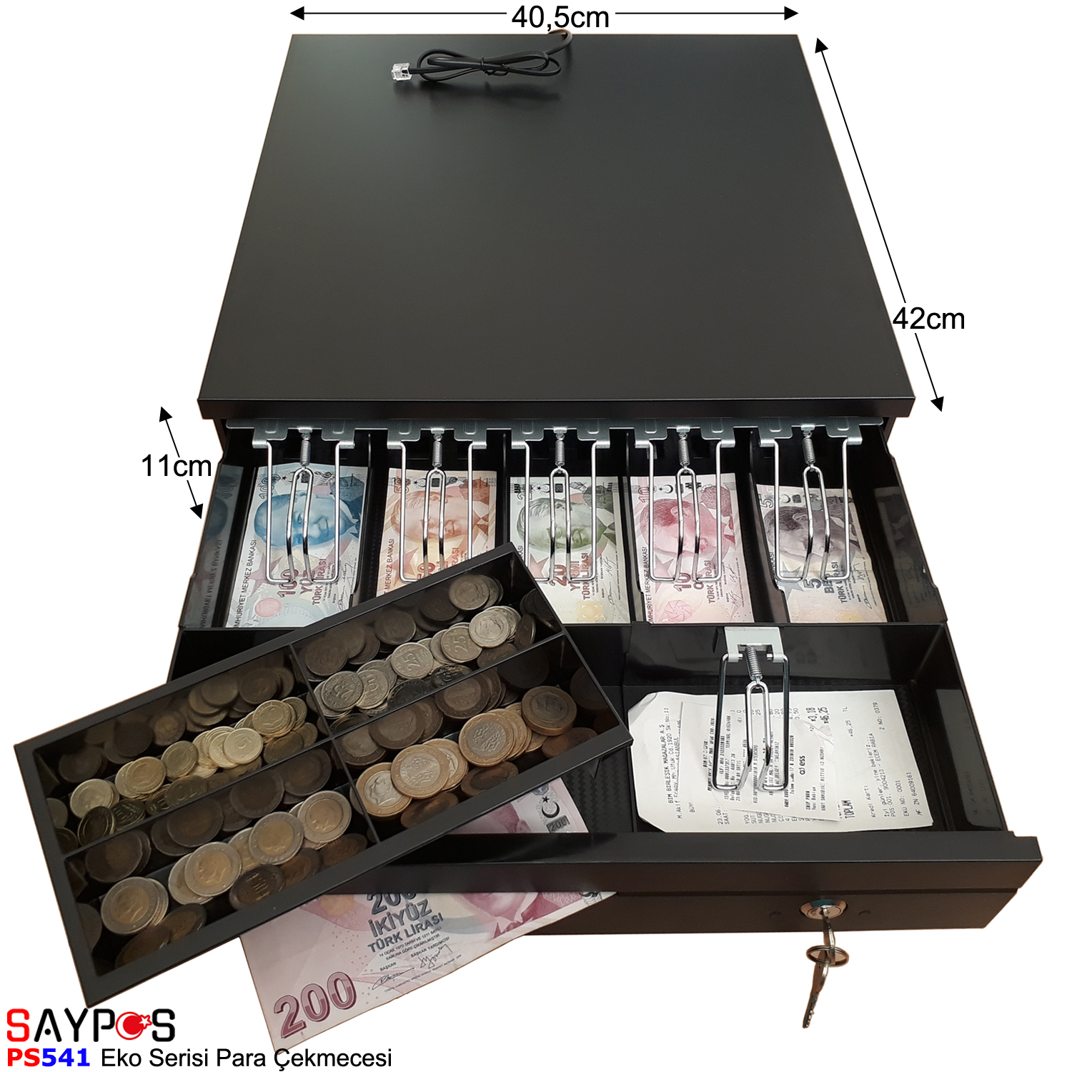 Saypos%20Metal%20Yazarkasa%20Para%20Çekmecesi%20Slip%20Gözlü%205%20Banknot%204%20Madeni%20Para%20Bölmeli%2040,5x42x11cm