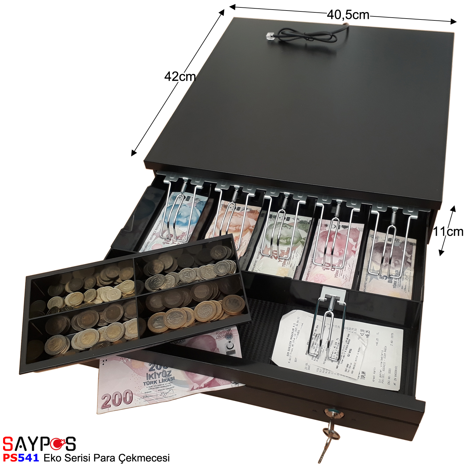 Saypos%20Metal%20Yazarkasa%20Para%20Çekmecesi%20Slip%20Gözlü%205%20Banknot%204%20Madeni%20Para%20Bölmeli%2040,5x42x11cm