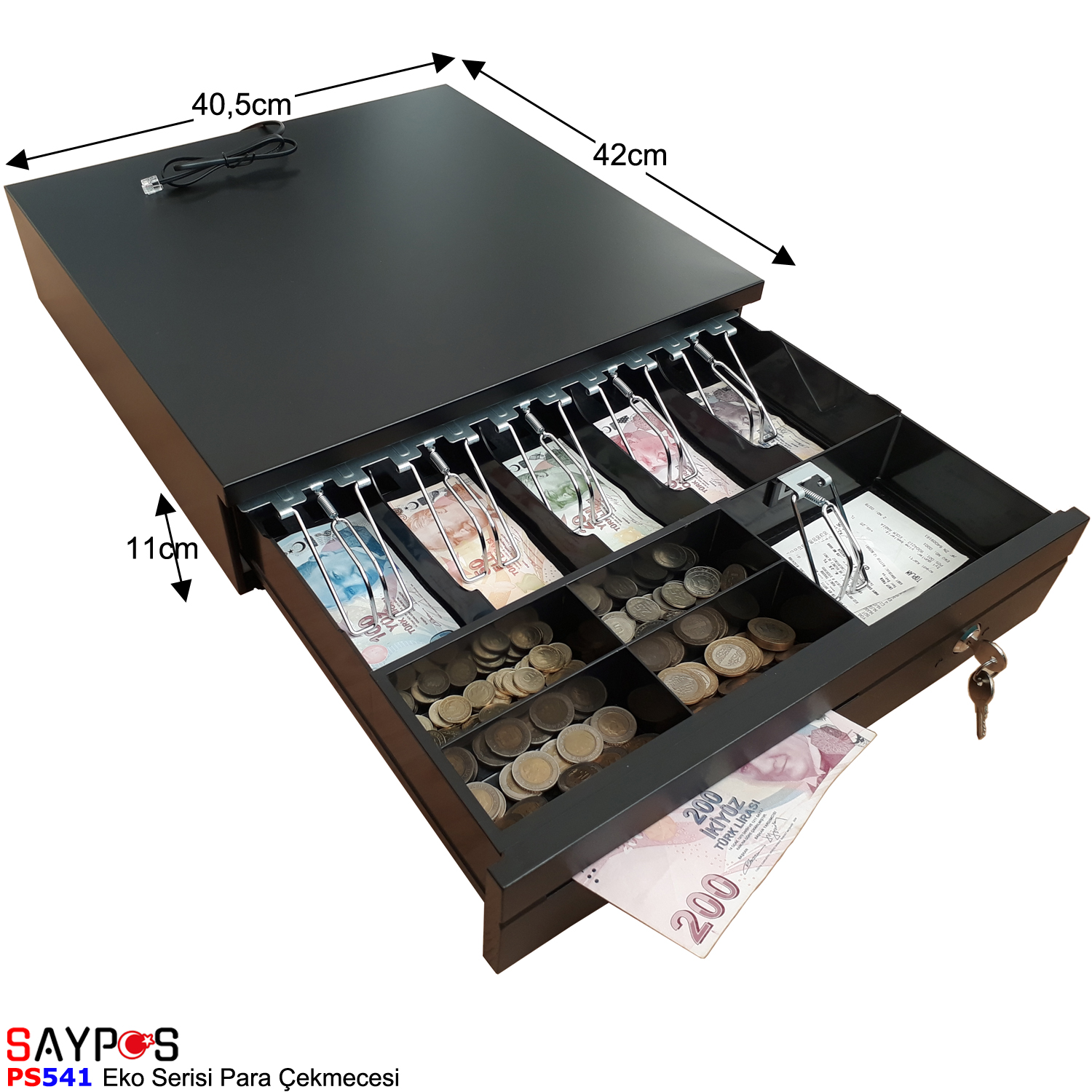 Saypos%20Metal%20Yazarkasa%20Para%20Çekmecesi%20Slip%20Gözlü%205%20Banknot%204%20Madeni%20Para%20Bölmeli%2040,5x42x11cm