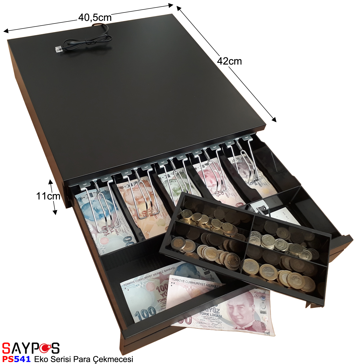 Saypos%20Metal%20Yazarkasa%20Para%20Çekmecesi%20Slip%20Gözlü%205%20Banknot%204%20Madeni%20Para%20Bölmeli%2040,5x42x11cm