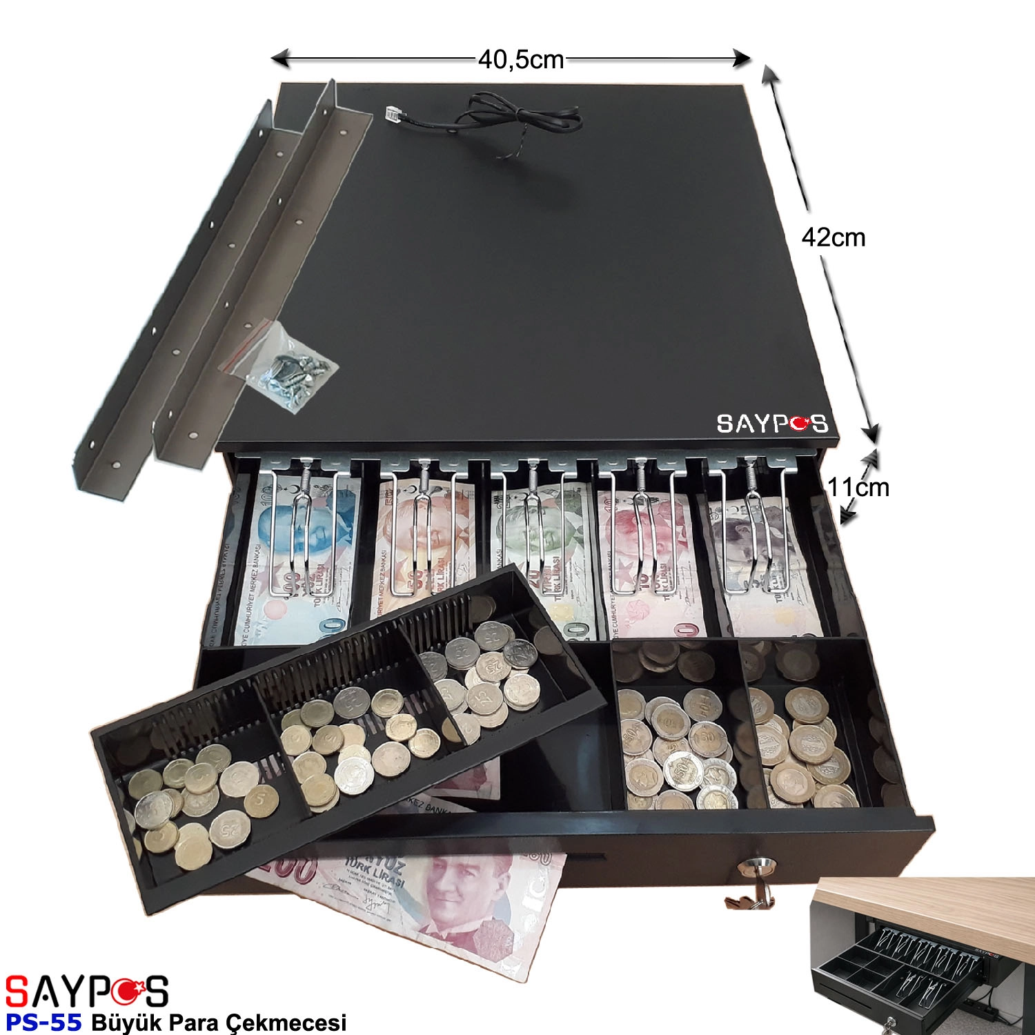 Masa%20Altı%20Montaj%20Askılı%205%20Geniş%20Banknot%20Gözlü%20Anahtardan%20Açılır%20Büyük%20Para%20Çekmecesi%2040,5x42x11cm