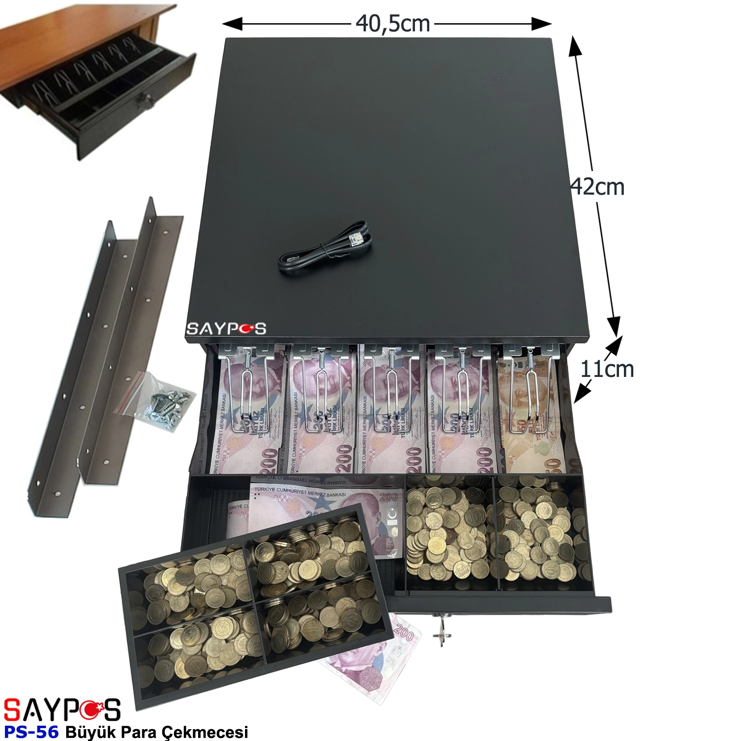 Masa%20Altı%20Montaj%20Askılı%205%20Geniş%20Banknot%20Gözlü%20Anahtardan%20Açılır%20Büyük%20Para%20Çekmecesi%2040,5x42x11cm
