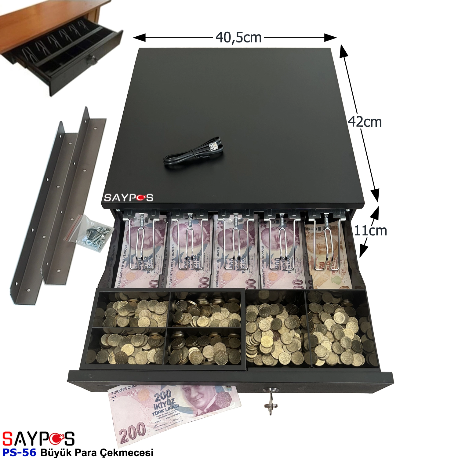 Masa%20Altı%20Montaj%20Askılı%205%20Geniş%20Banknot%20Gözlü%20Anahtardan%20Açılır%20Büyük%20Para%20Çekmecesi%2040,5x42x11cm