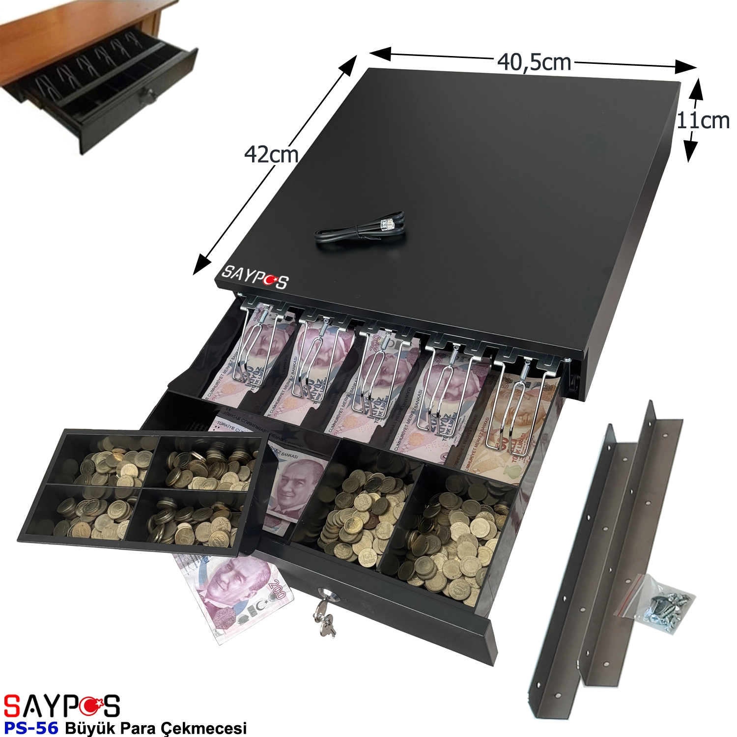 Masa%20Altı%20Montaj%20Askılı%205%20Geniş%20Banknot%20Gözlü%20Anahtardan%20Açılır%20Büyük%20Para%20Çekmecesi%2040,5x42x11cm