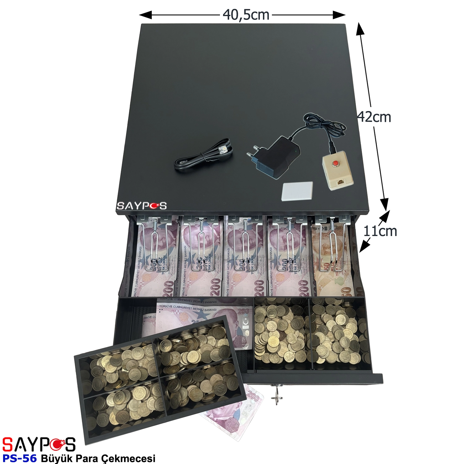 Kolay%20Açma%20Buton%20ve%20Adaptörlü%205%20Geniş%20Banknot%20Gözlü%20ve%20Anahtarlı%20Büyük%20Para%20Çekmecesi%2040,5x42x11cm