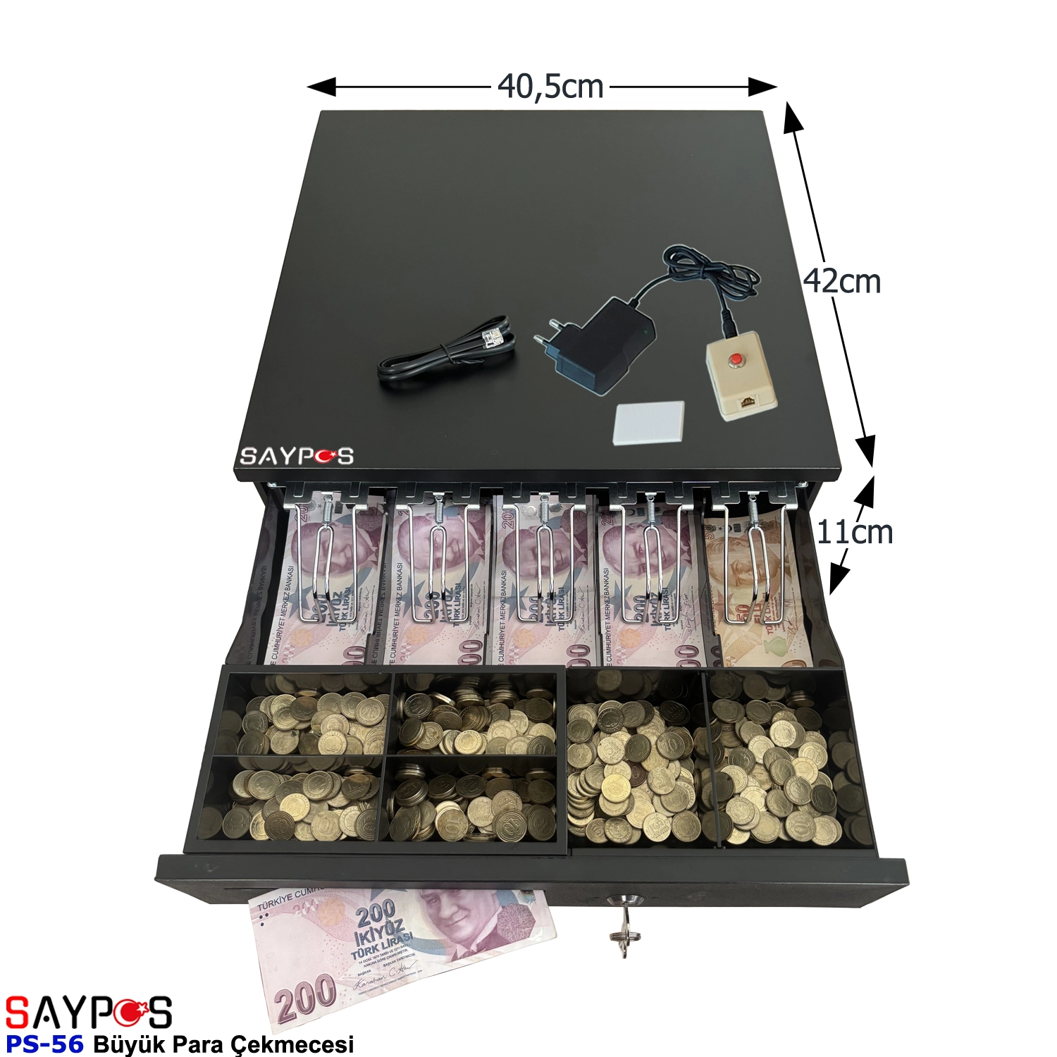 Kolay%20Açma%20Buton%20ve%20Adaptörlü%205%20Geniş%20Banknot%20Gözlü%20ve%20Anahtarlı%20Büyük%20Para%20Çekmecesi%2040,5x42x11cm