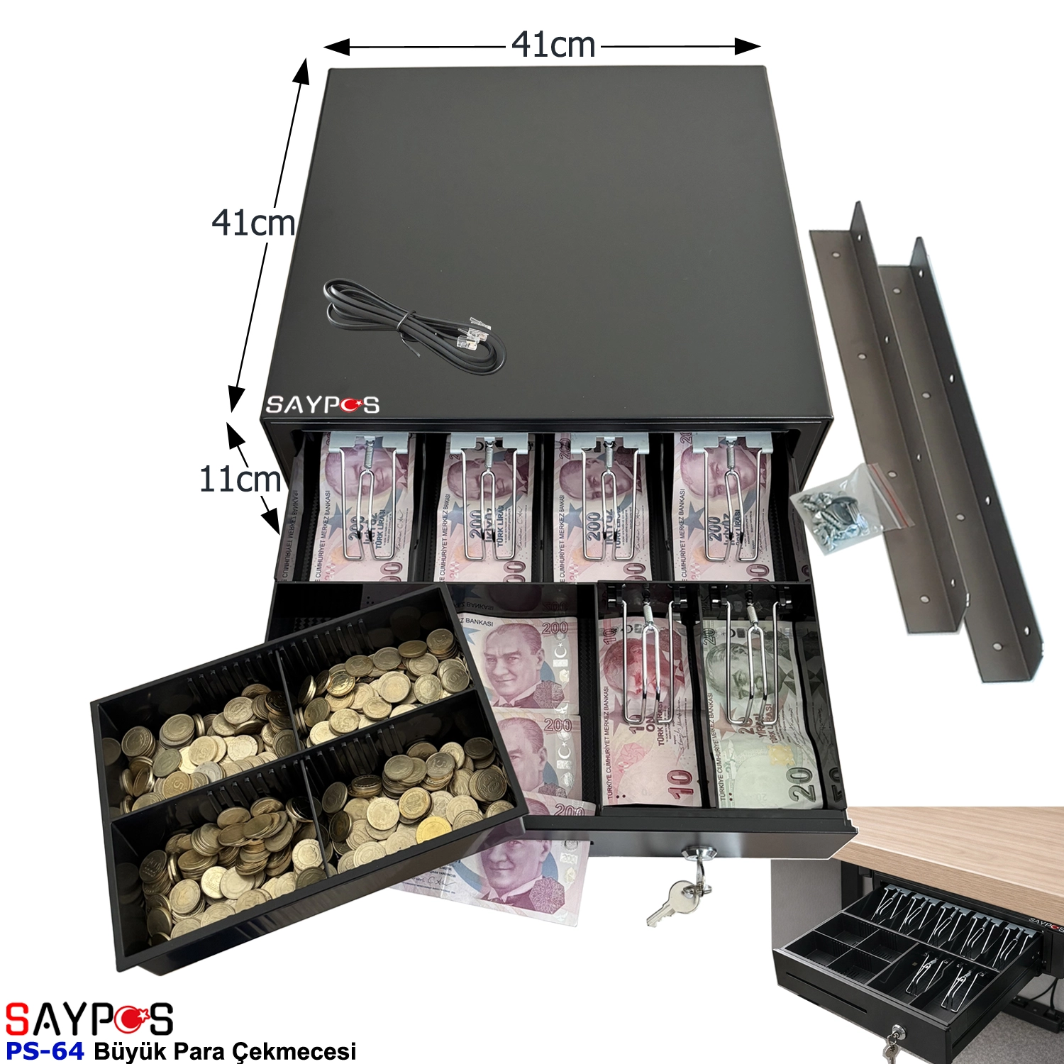 6%20Banknot%20Gözlü%20Masa%20Altı%20Montaj%20Askılı,%20Pos%20Bağlantılı,%20Anahtardan%20Açılır%20Para%20Çekmecesi%2041x41x11cm