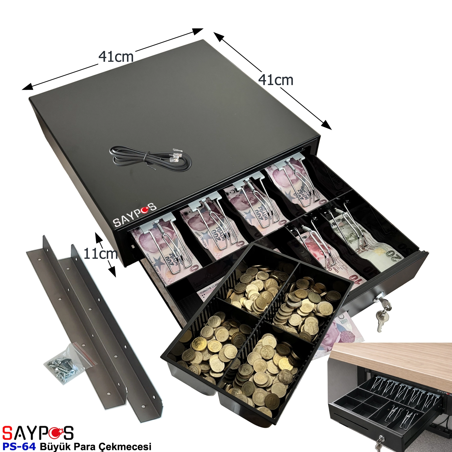 6%20Banknot%20Gözlü%20Montaj%20Askılı%20ve%20MX915%20Yazarkasa%20Pos%20Uyumlu%20Büyük%20Para%20Çekmecesi%2041x41x11cm