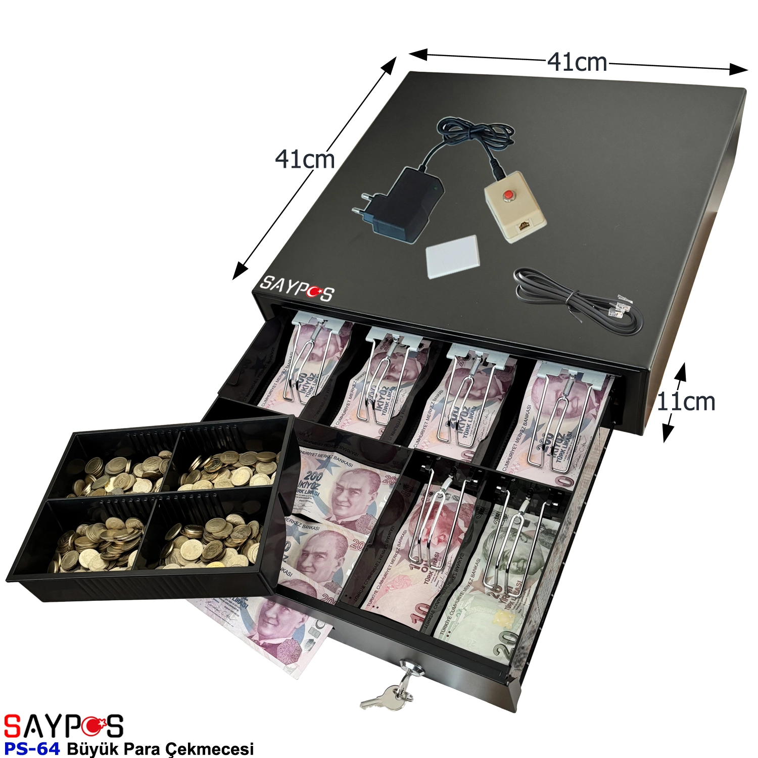 6%20Banknot%20Gözlü%20Kolay%20Açma%20Buton%20ve%20Adaptörlü,%20Anahtardan%20Açılır%20Para%20Çekmecesi%2041x41x11cm