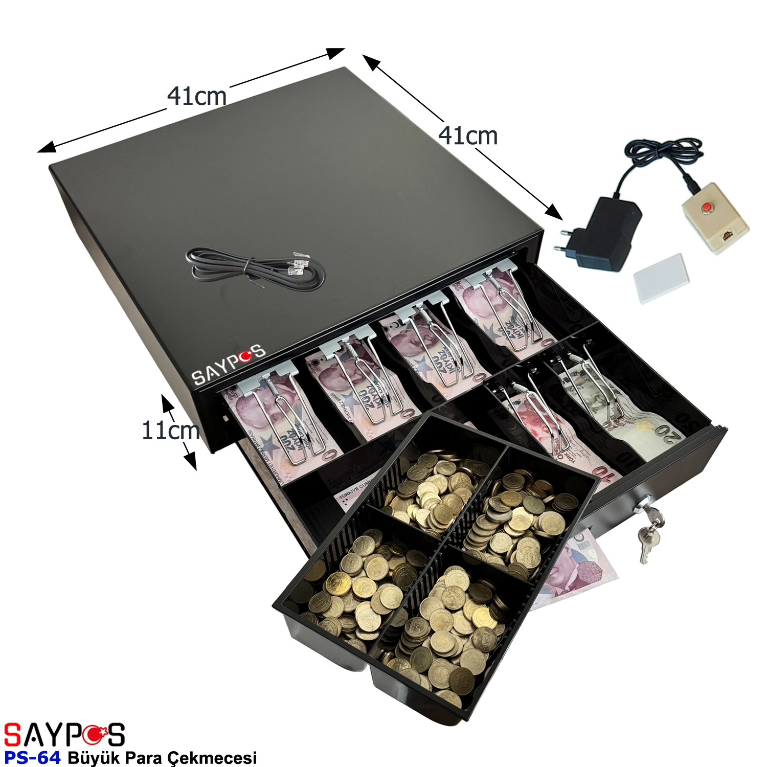 6%20Banknot%20Gözlü%20Kolay%20Açma%20Buton%20ve%20Adaptörlü,%20Anahtardan%20Açılır%20Para%20Çekmecesi%2041x41x11cm