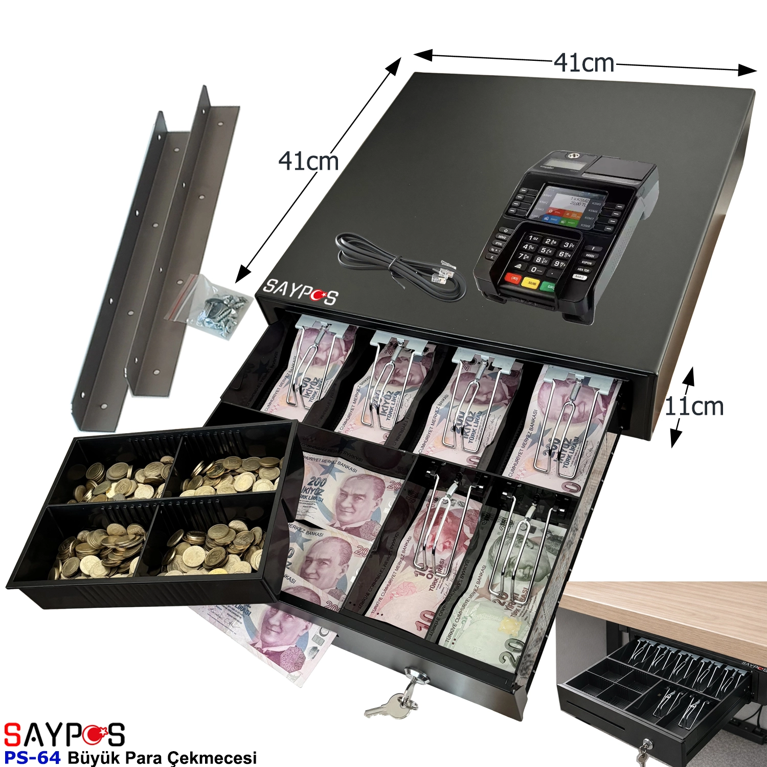 6%20Banknot%20Gözlü%20Montaj%20Askılı%20ve%20Ingenico%20Yazarkasa%20Pos%20Uyumlu%20Büyük%20Para%20Çekmecesi%2041x41x11cm