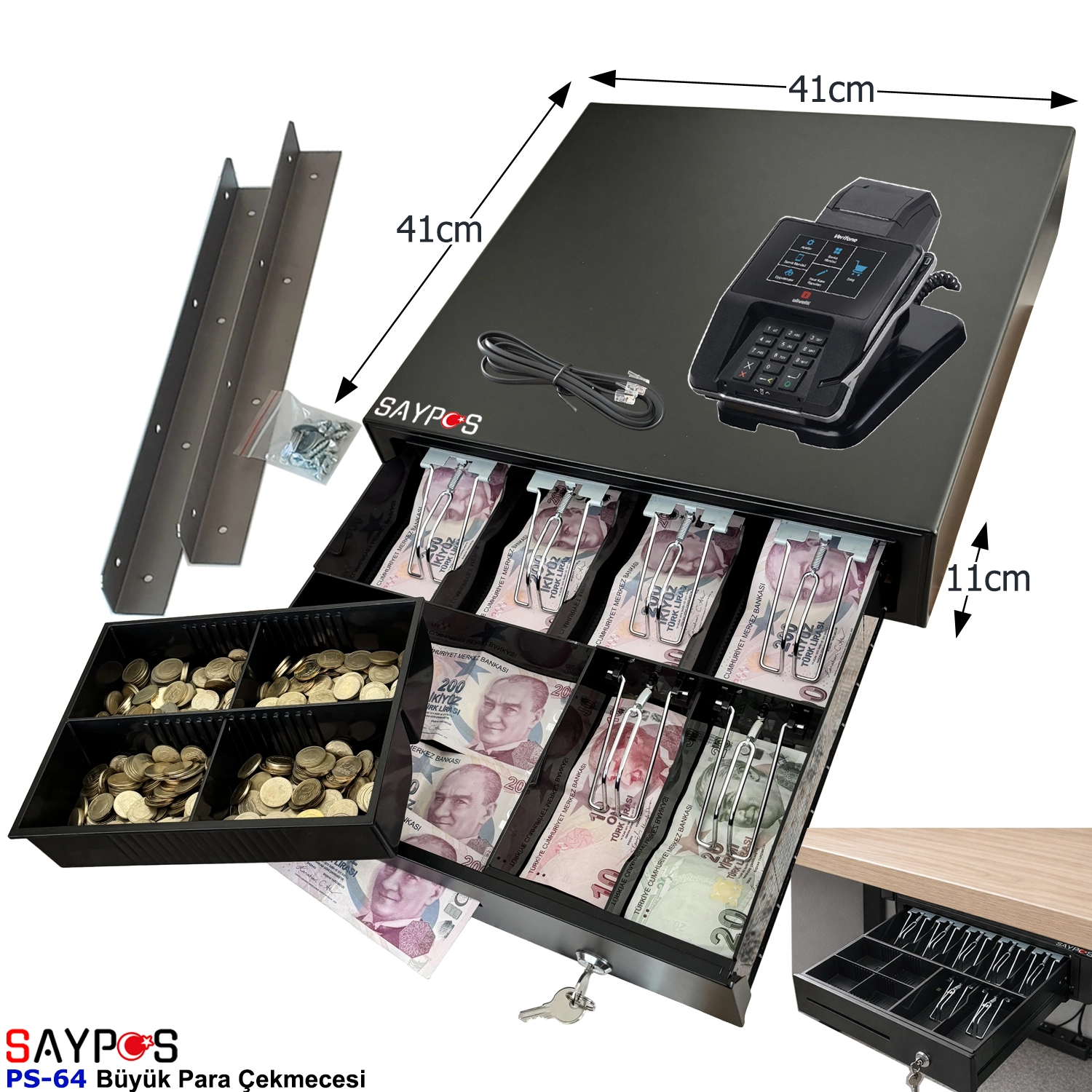 6%20Banknot%20Gözlü%20Montaj%20Askılı%20ve%20MX915%20Yazarkasa%20Pos%20Uyumlu%20Büyük%20Para%20Çekmecesi%2041x41x11cm