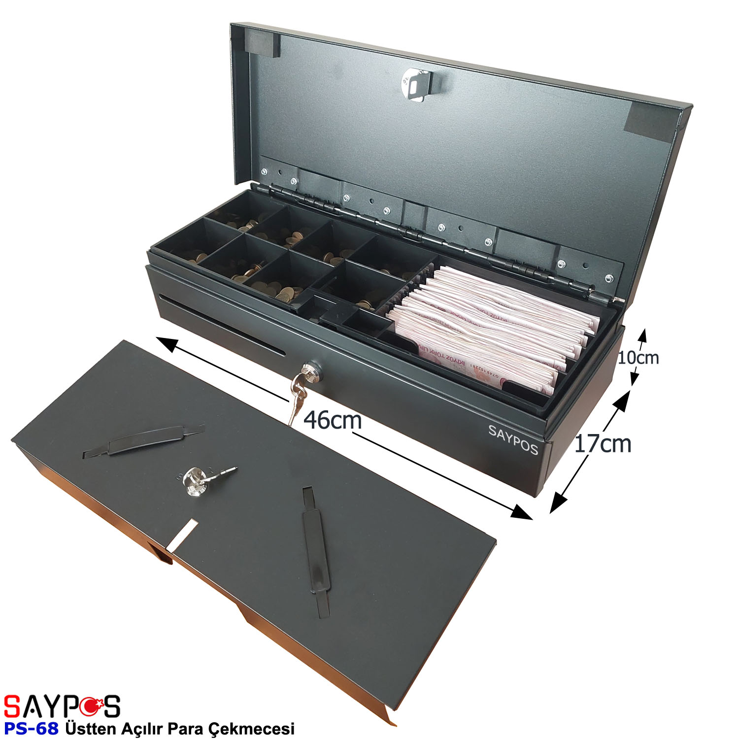 Saypos%20Para%20Kasası%20Üstten%20Açılır%20Flip%20Top%20Metal%20Para%20Çekmecesi%206%20Banknot%208%20Madeni%20Para%20Bölmeli%2046x17x10cm