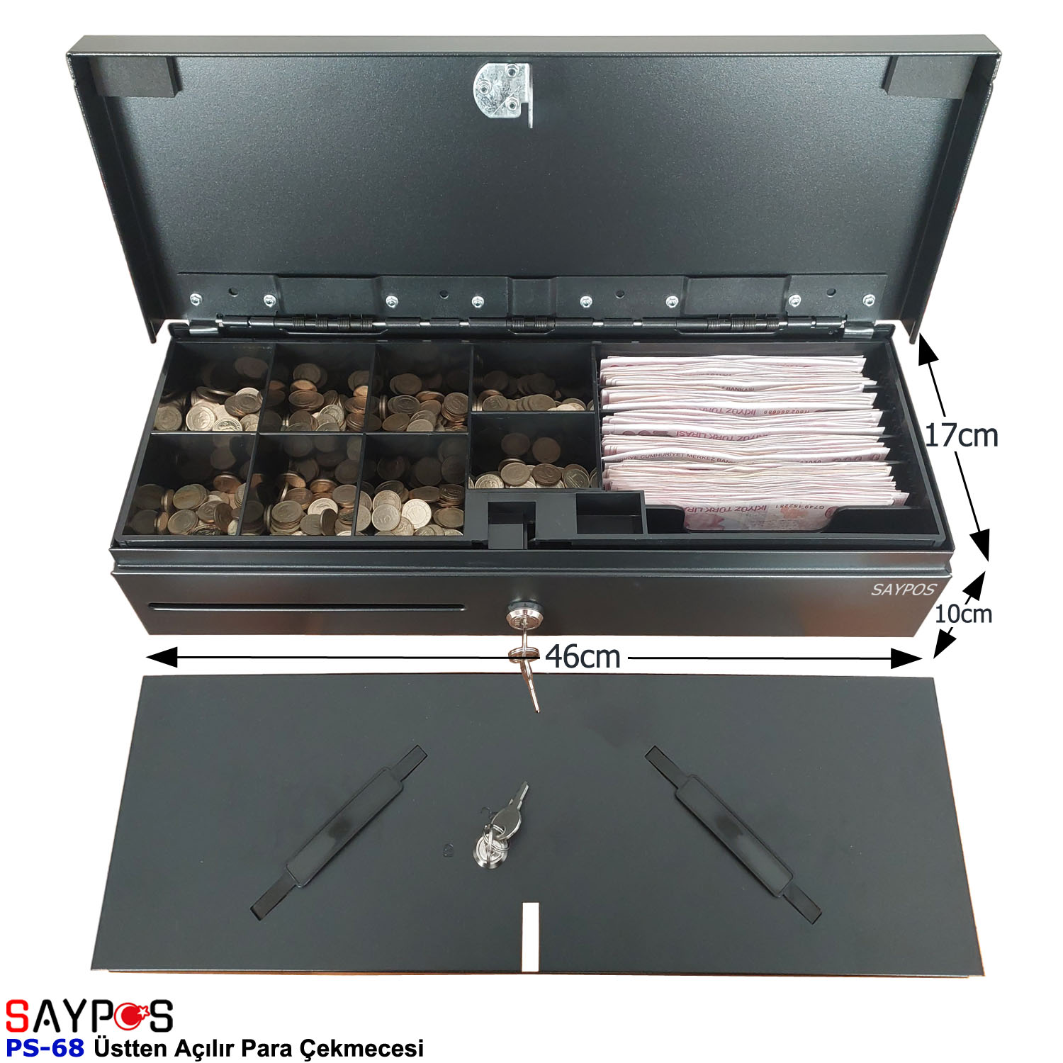 Saypos%20Para%20Kasası%20Üstten%20Açılır%20Flip%20Top%20Metal%20Para%20Çekmecesi%206%20Banknot%208%20Madeni%20Para%20Bölmeli%2046x17x10cm